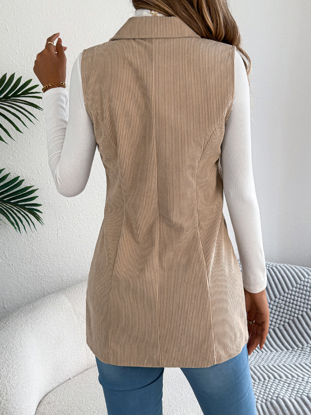 Women's Casual Blazer Lapel Corduroy Vest Jacket