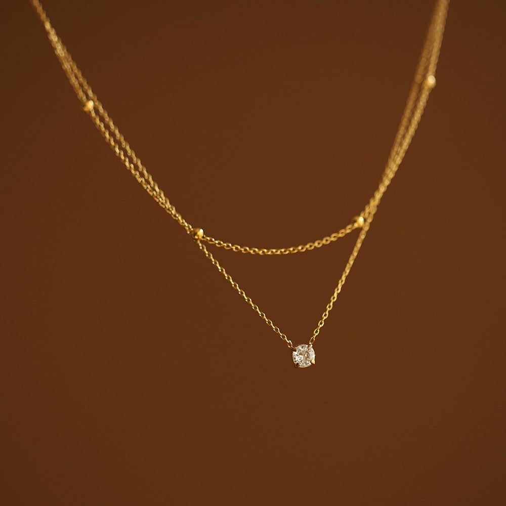 Exquisite Solitaire Double-layer Necklace With Gold Beads Perfect As A Collarbone Chain
