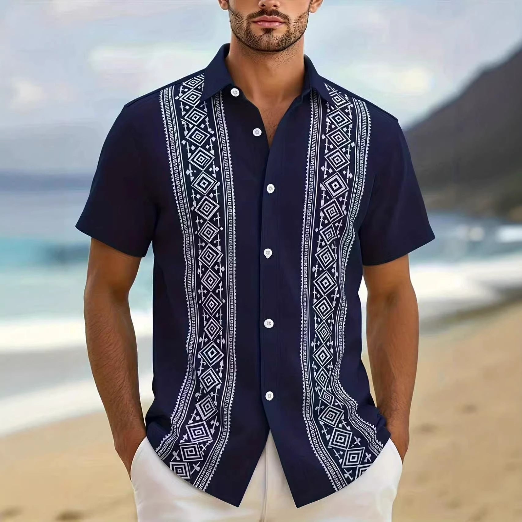 New Style Lapel Striped Short-Sleeve Shirt For Men