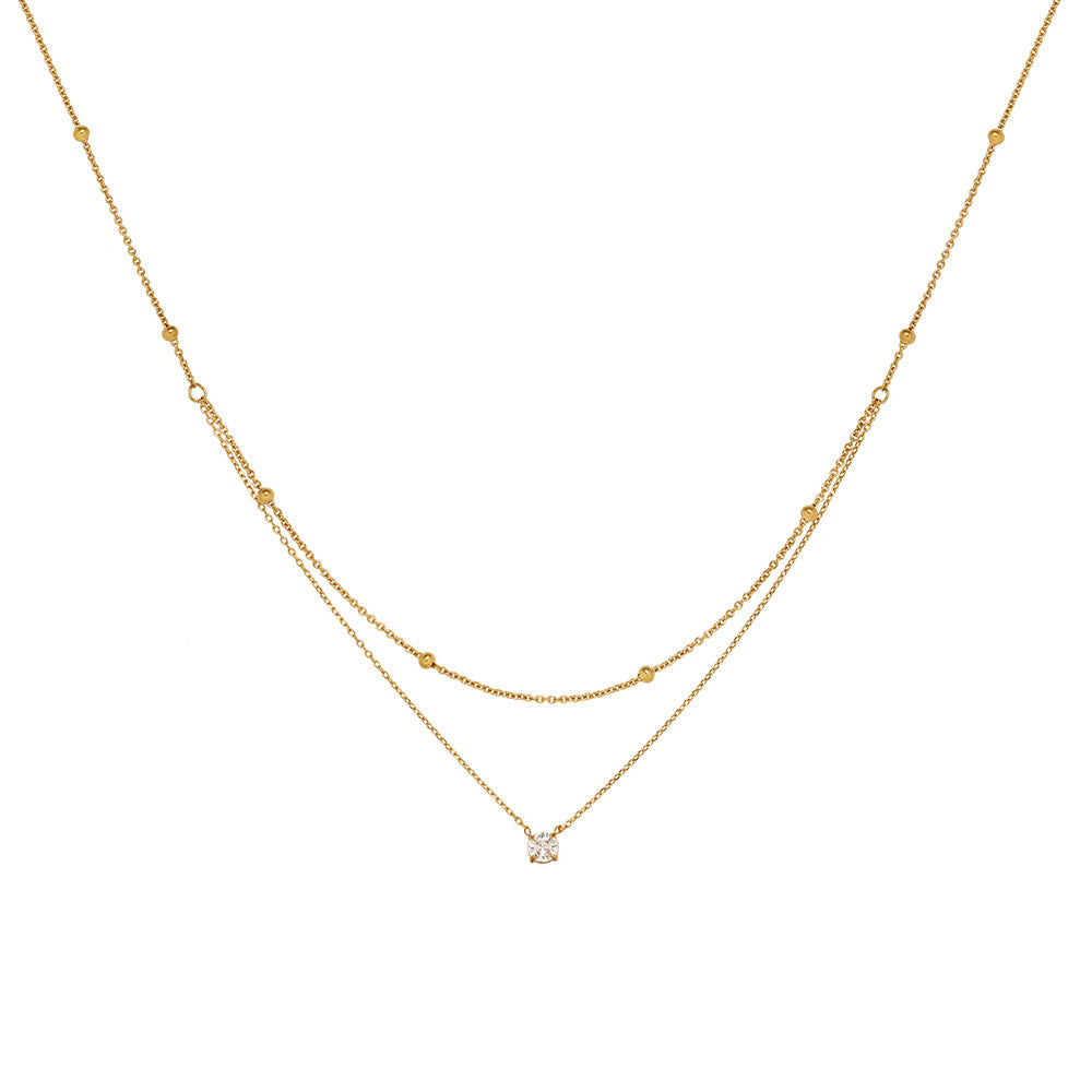 Exquisite Solitaire Double-layer Necklace With Gold Beads Perfect As A Collarbone Chain
