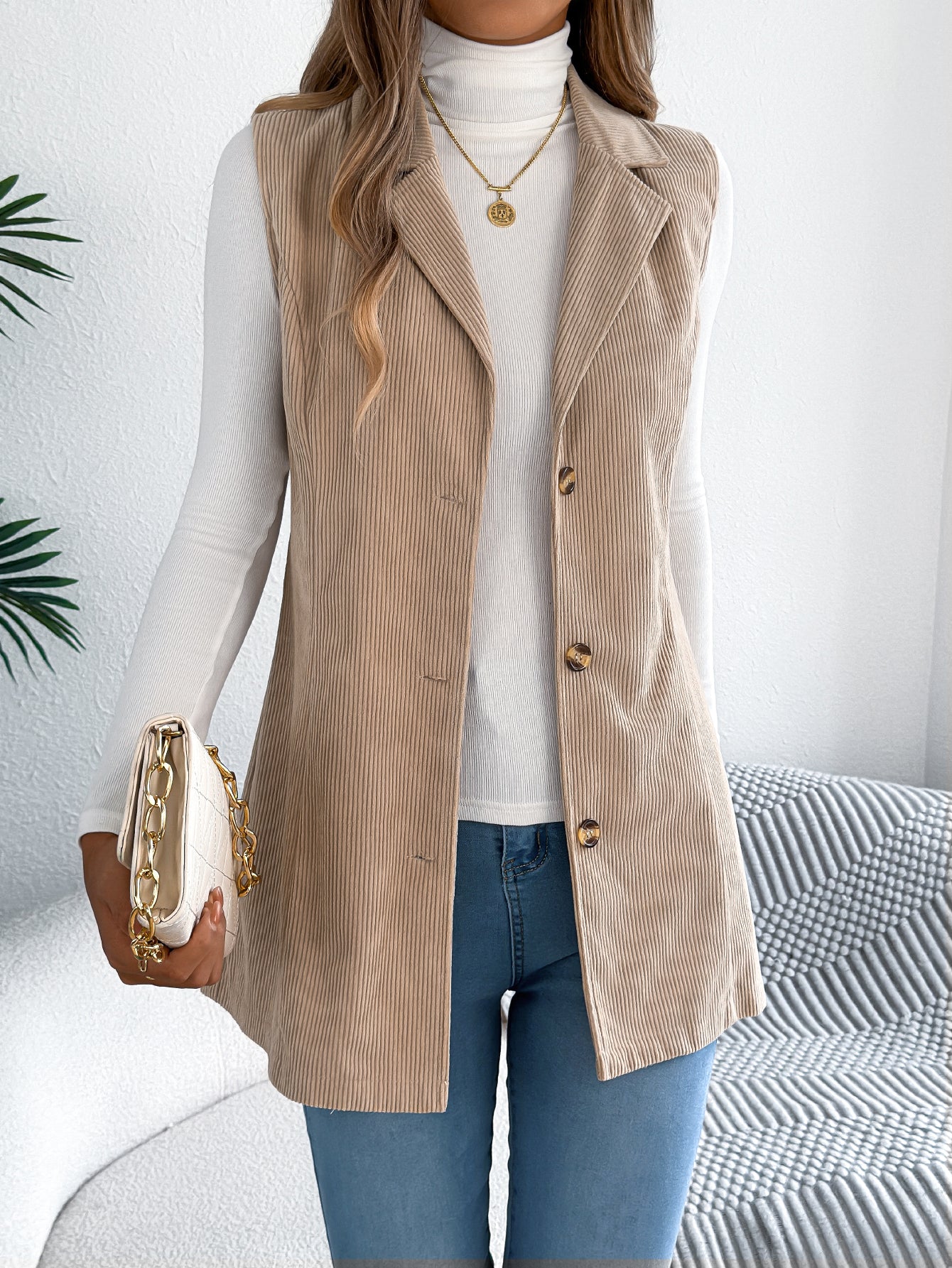 Women's Casual Blazer Lapel Corduroy Vest Jacket