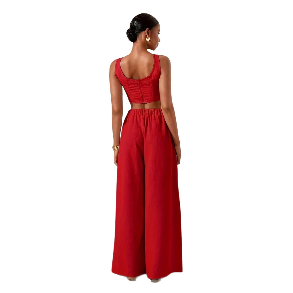 Vacation-Ready Fishbone Strap Top And Wide-Leg Pants With Pockets 2-Piece Set