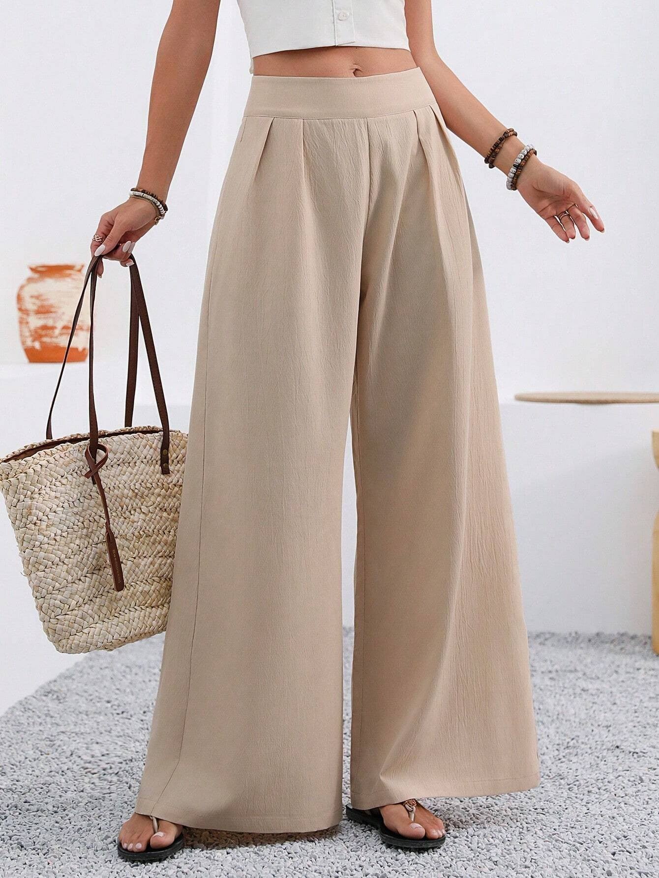 Pocketed High-waisted Wide-leg Trousers Long Pants