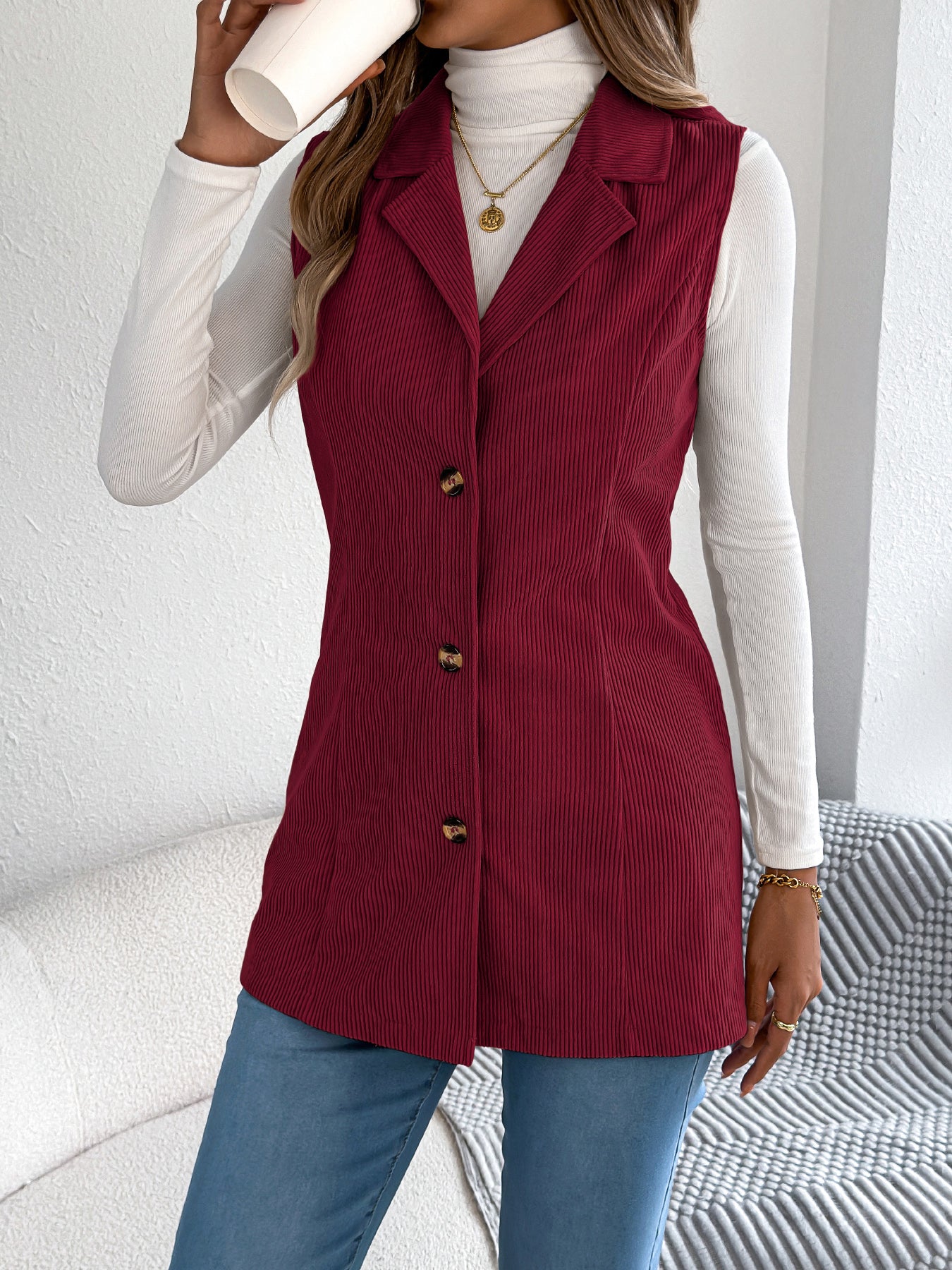Women's Casual Blazer Lapel Corduroy Vest Jacket