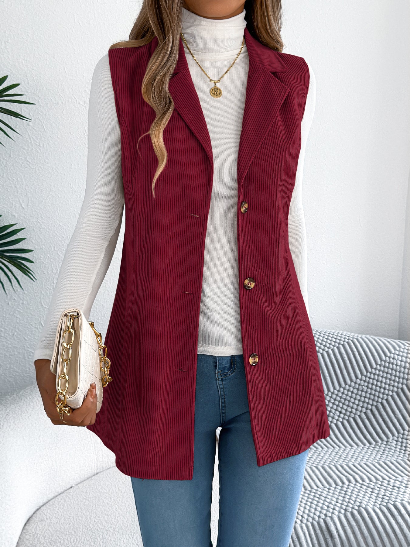 Women's Casual Blazer Lapel Corduroy Vest Jacket