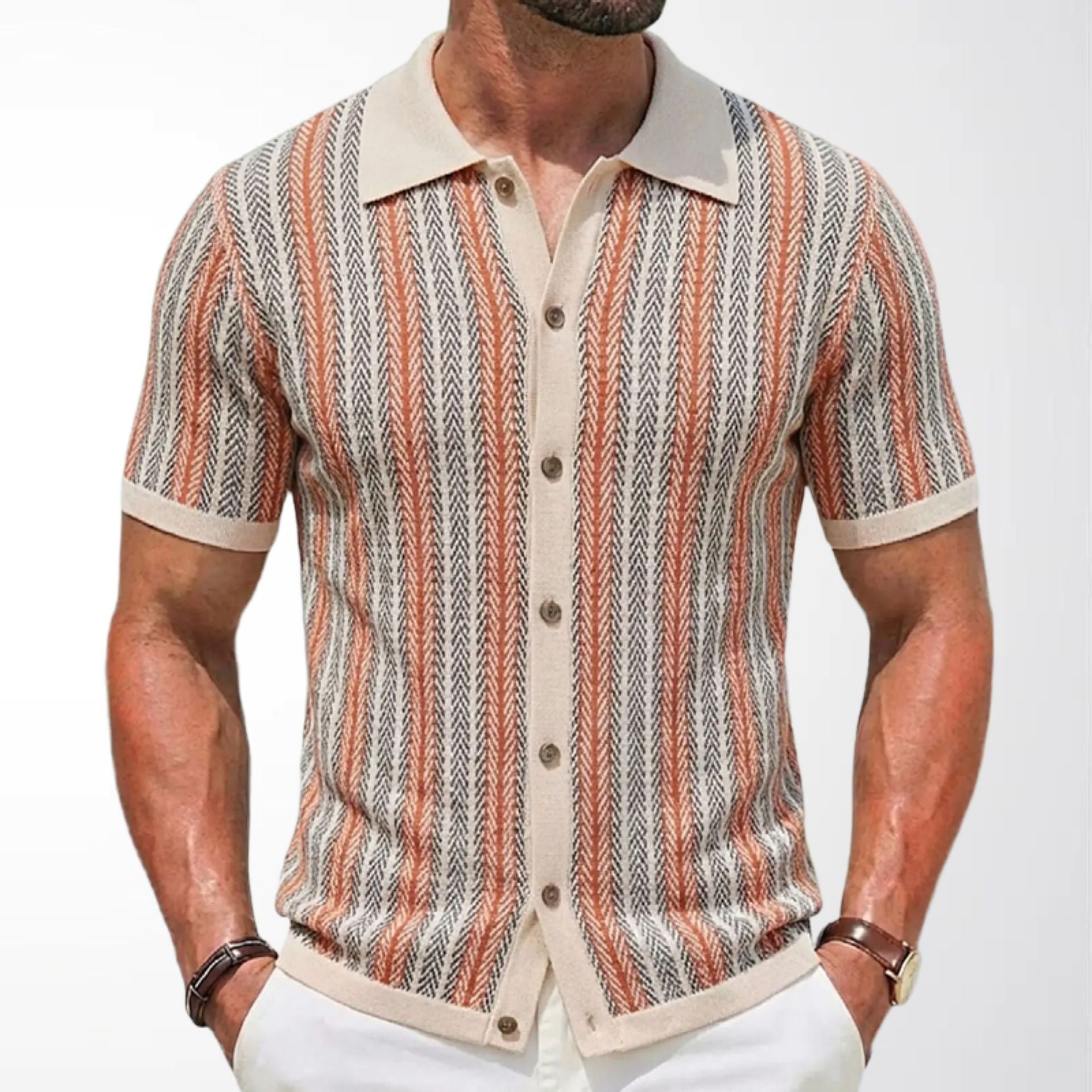 Men's Short-Sleeve Striped Knitted Cardigan Polo Shirt