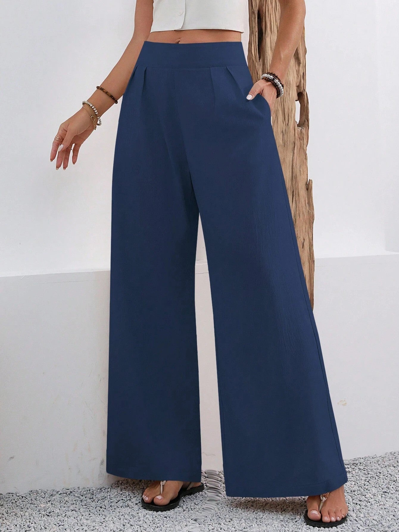 Pocketed High-waisted Wide-leg Trousers Long Pants