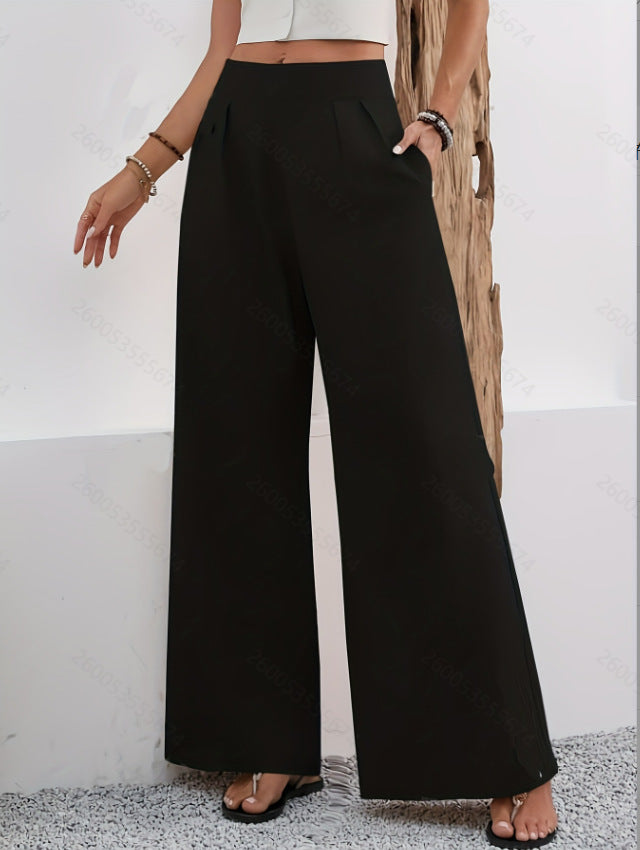 Pocketed High-waisted Wide-leg Trousers Long Pants