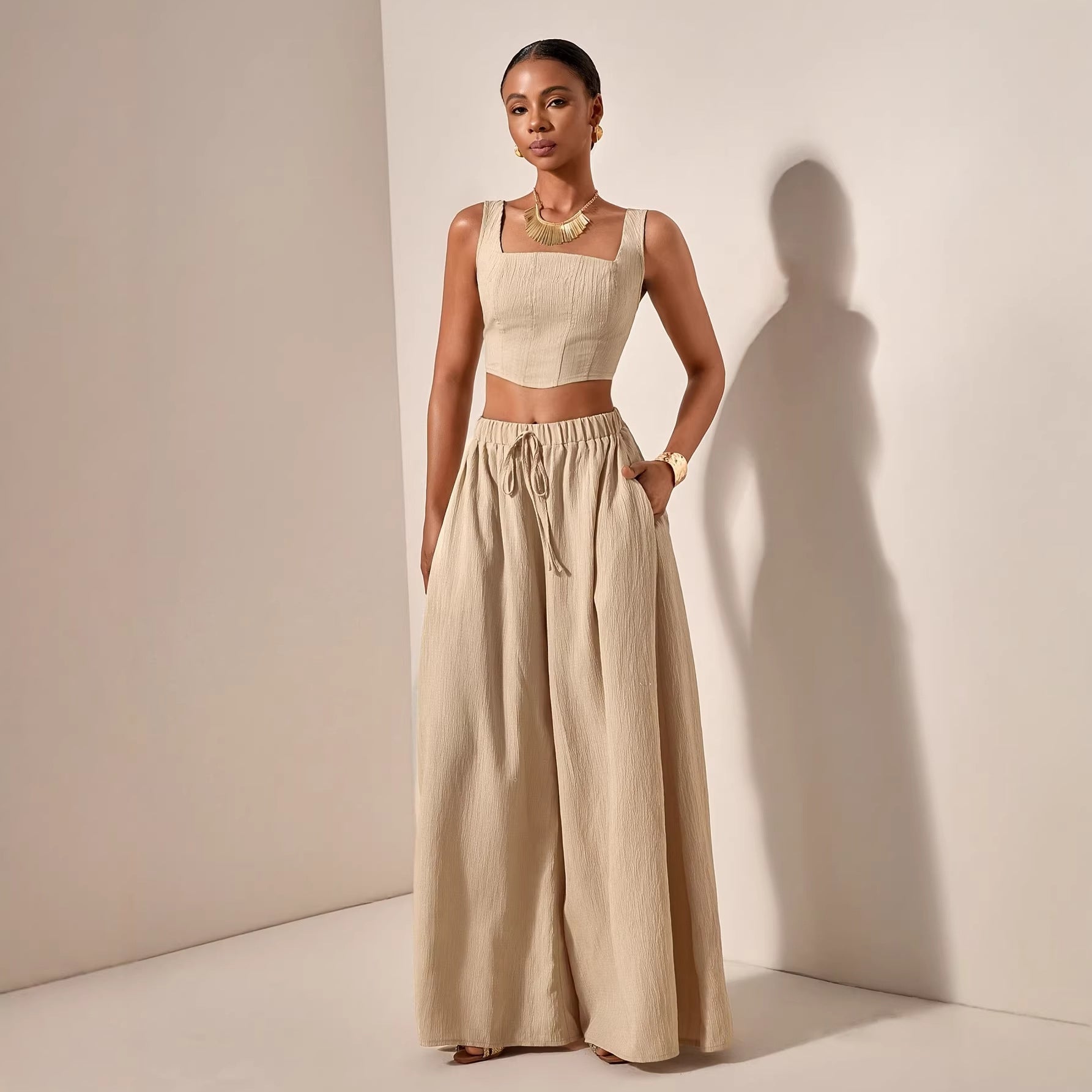 Vacation-Ready Fishbone Strap Top And Wide-Leg Pants With Pockets 2-Piece Set