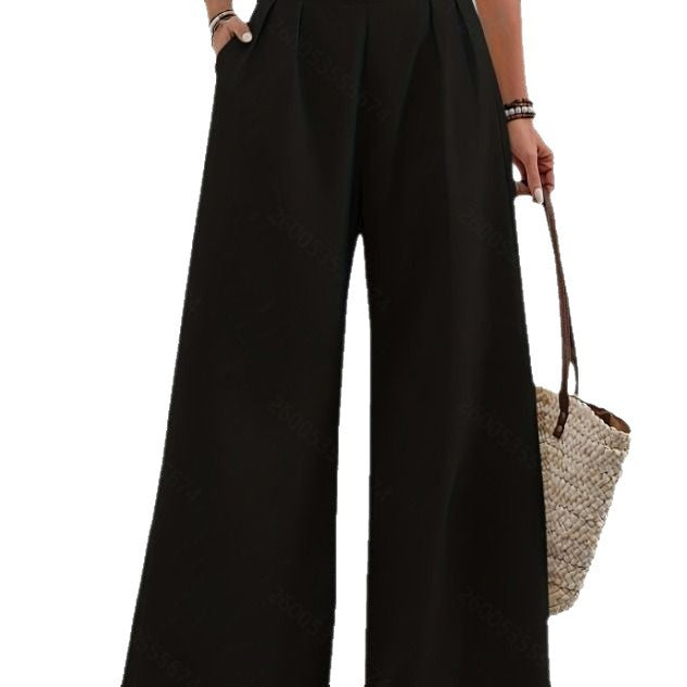 Pocketed High-waisted Wide-leg Trousers Long Pants