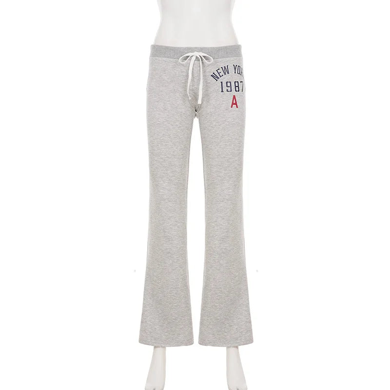 SUCHCUTE America Low Waist Drawstring Patchwork Printed Pants Y2k Streetwear Women Sweatpants Summer Long Trousers All Match New