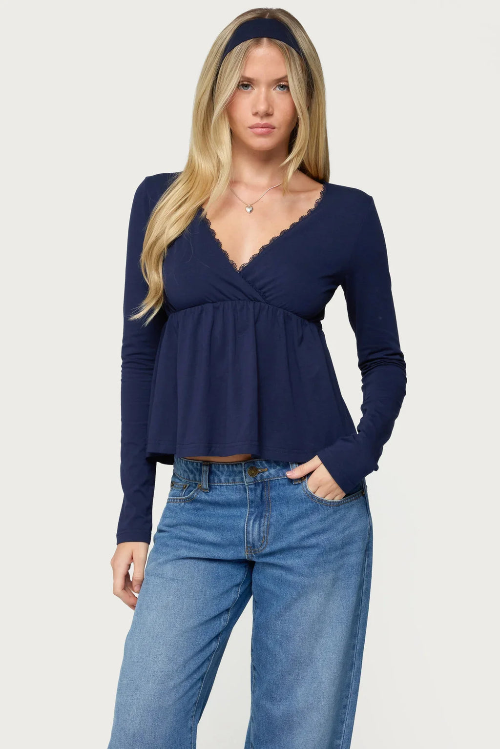 Women Cross Wrap V Neck Shirts Fashion Streetwear Casaul Y2K Solid Babydoll Shirts Tops Fall  Long Sleeve Lace Going Out Clothes