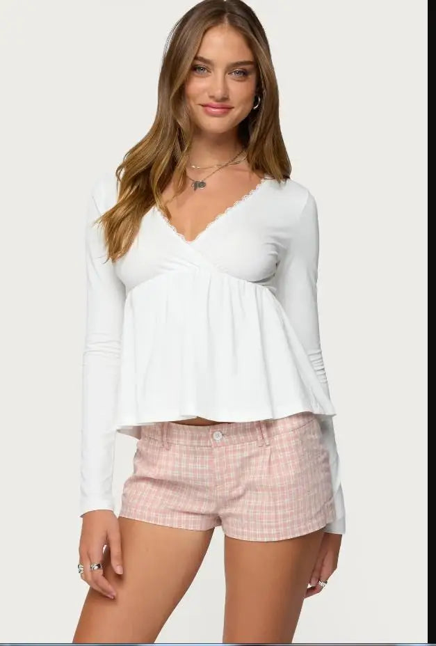 Women Cross Wrap V Neck Shirts Fashion Streetwear Casaul Y2K Solid Babydoll Shirts Tops Fall  Long Sleeve Lace Going Out Clothes