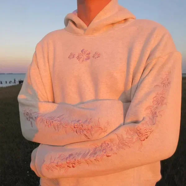 Casual and Loose Hoodie with Floral Embroidery and A Hood
