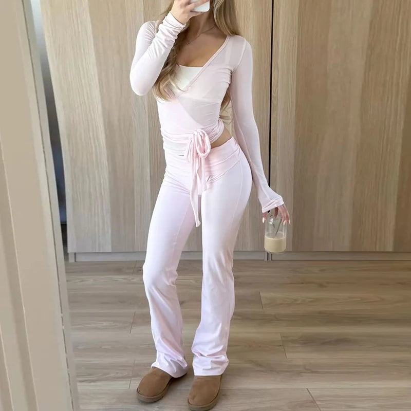 Women Yoga 2 Piece Set Tie Wrap Crop Top + Wide Leg Pants Lounge Workout Outfits