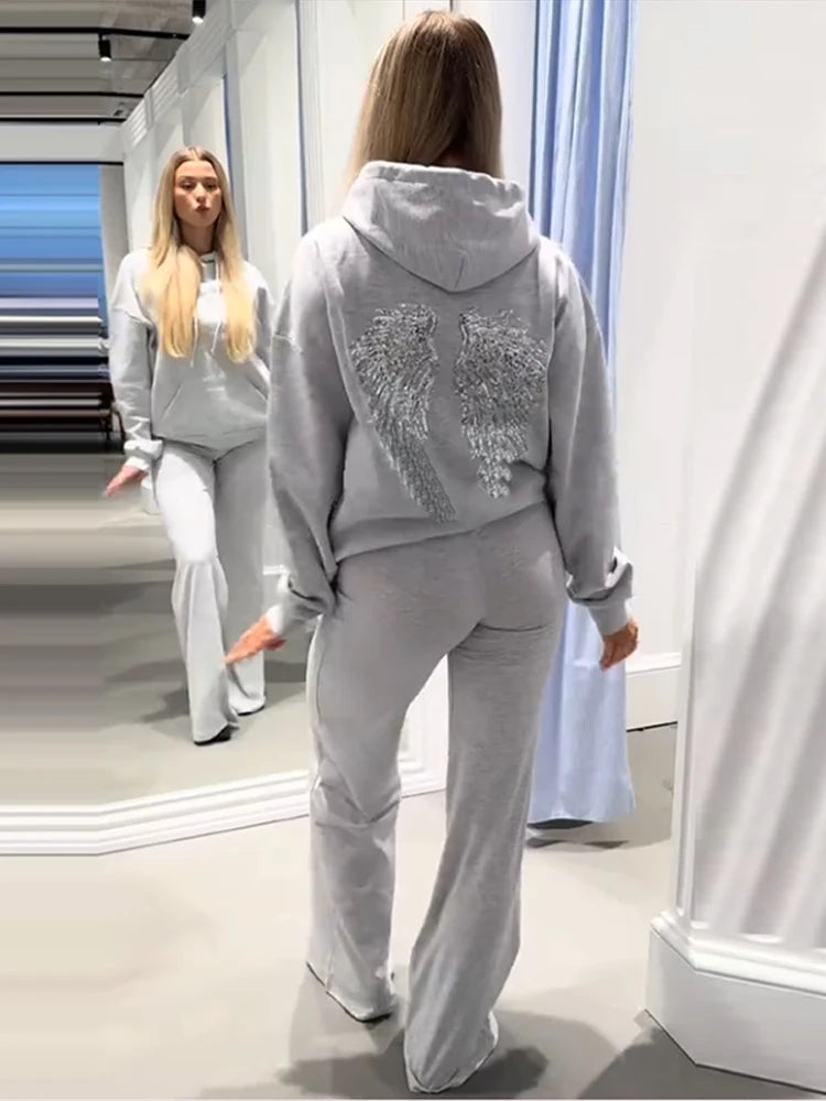 2026 Casual Lady Sweatshirt Set Sequins Angel's Wings Hoodies Women Y2k Chic Loose Long Sleeve Pullovers Top Slim Yoga Pant Set