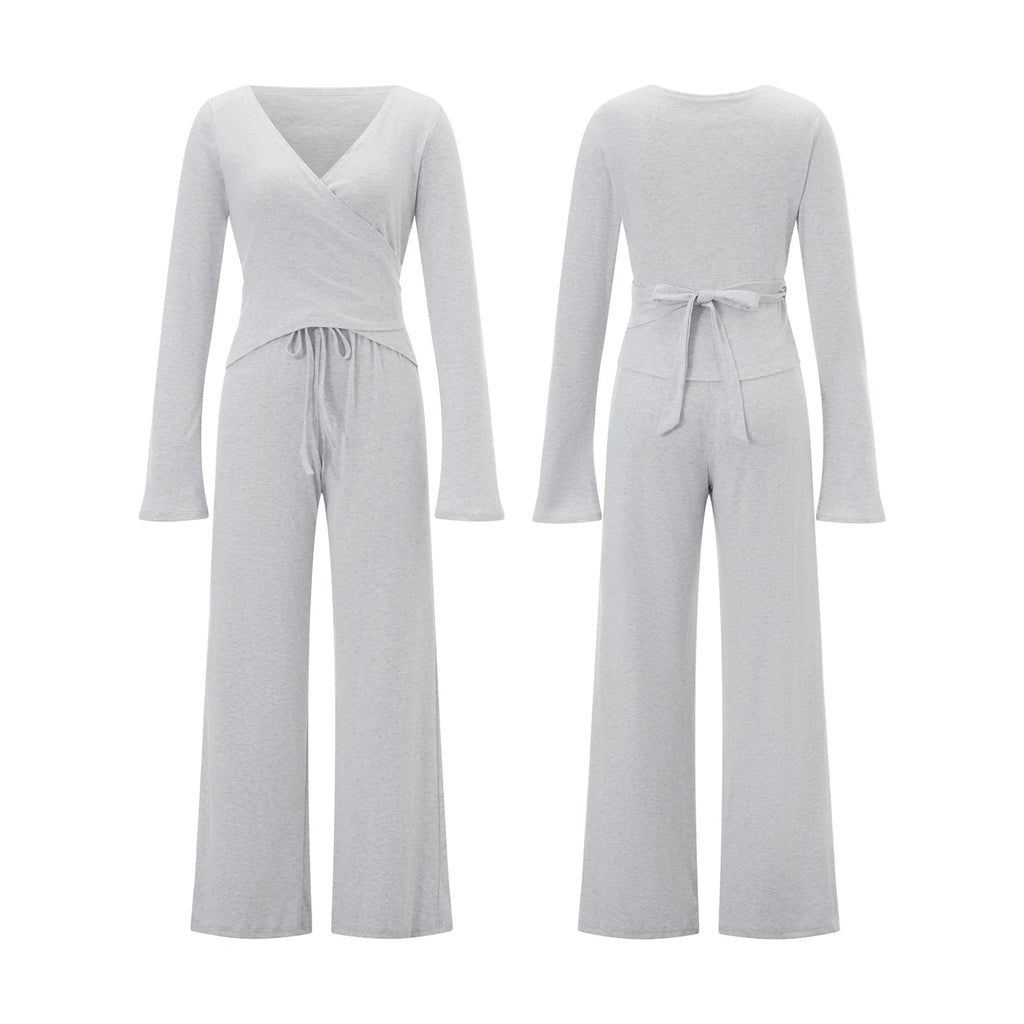Women Yoga 2 Piece Set Tie Wrap Crop Top + Wide Leg Pants Lounge Workout Outfits