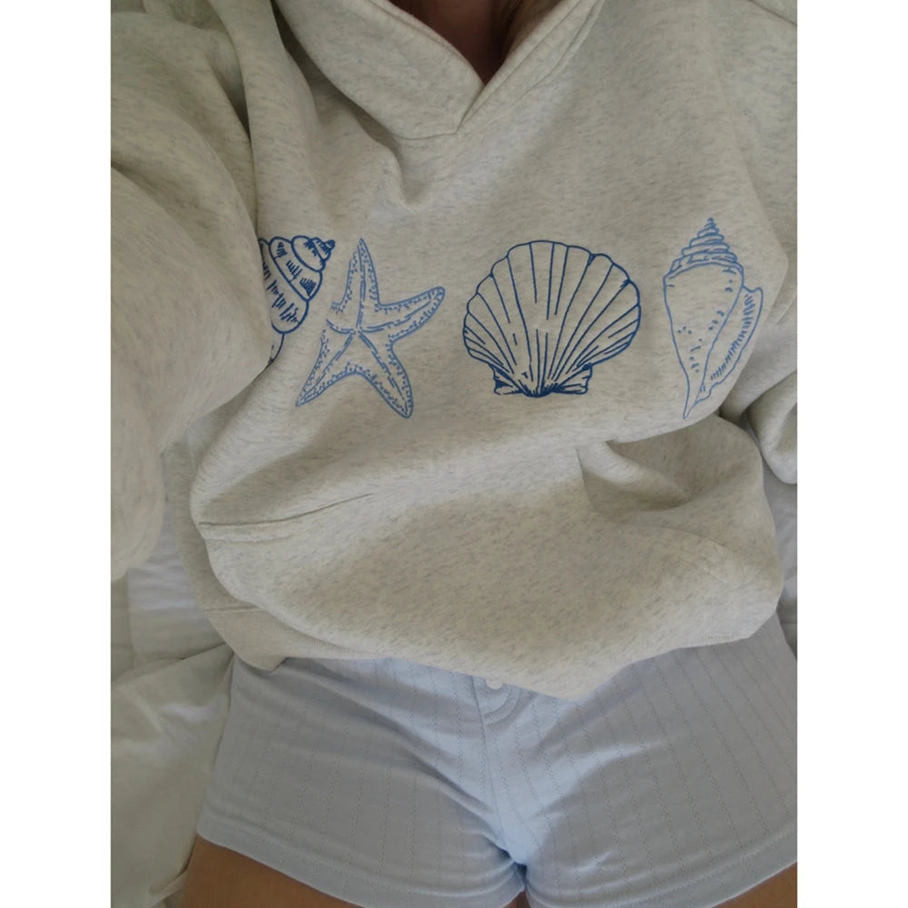 Loose Fit Hooded Sweatshirts Aesthetic Sea Shell Embroidery Pullover Tops with Kangaroo Pockets
