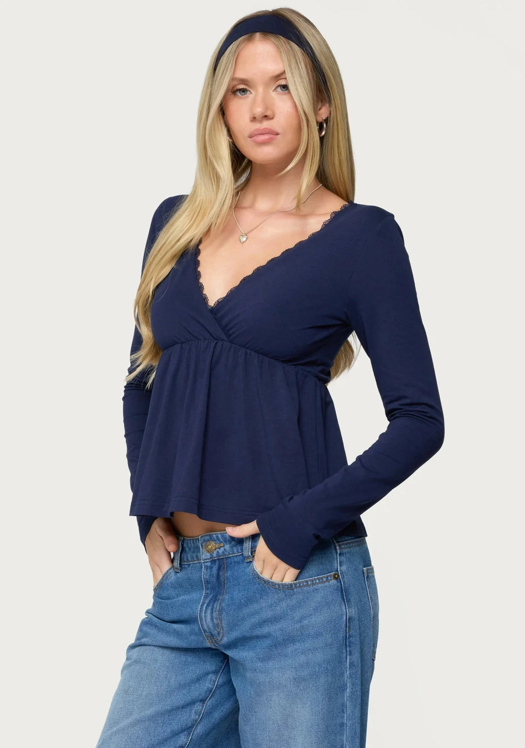 Women Cross Wrap V Neck Shirts Fashion Streetwear Casaul Y2K Solid Babydoll Shirts Tops Fall  Long Sleeve Lace Going Out Clothes