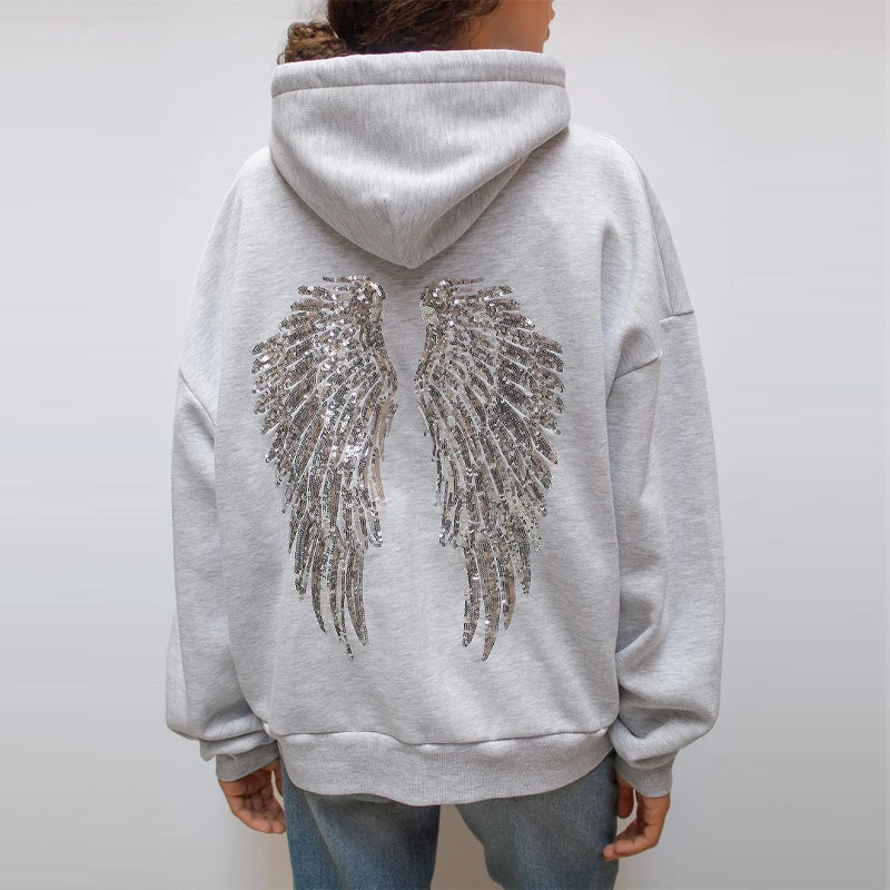 2026 Casual Lady Sweatshirt Set Sequins Angel's Wings Hoodies Women Y2k Chic Loose Long Sleeve Pullovers Top Slim Yoga Pant Set