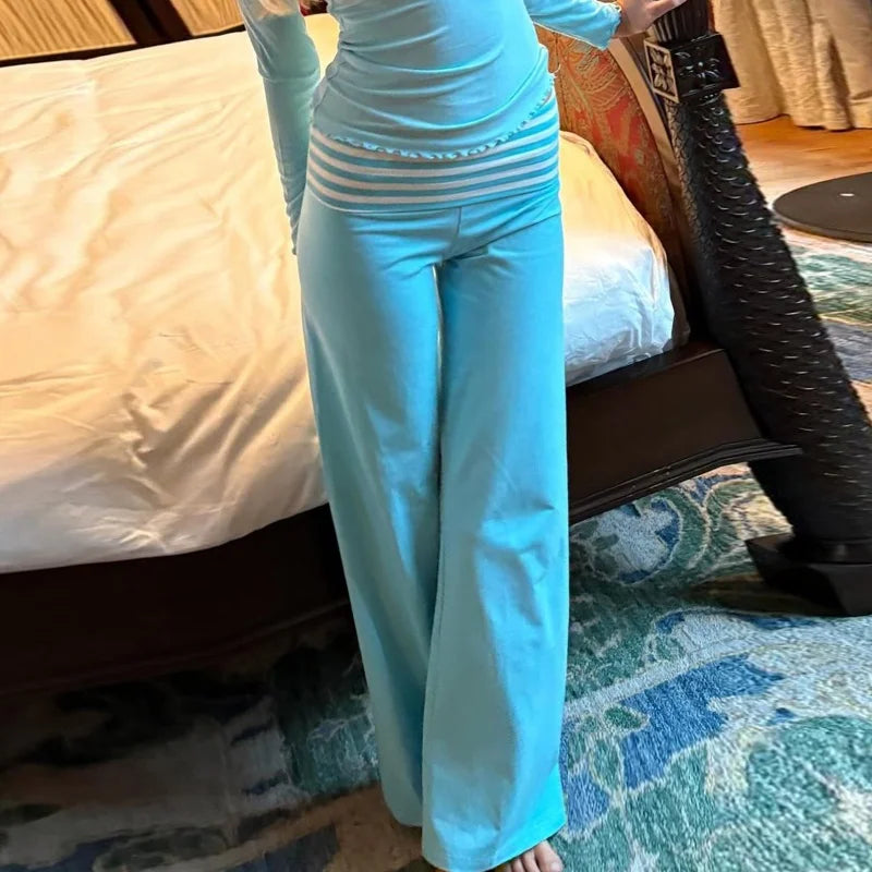 Womens Casual Pajama Pants Striped Low Waisted Lounge Pants Elastic Waist Drawstring Long Trousers