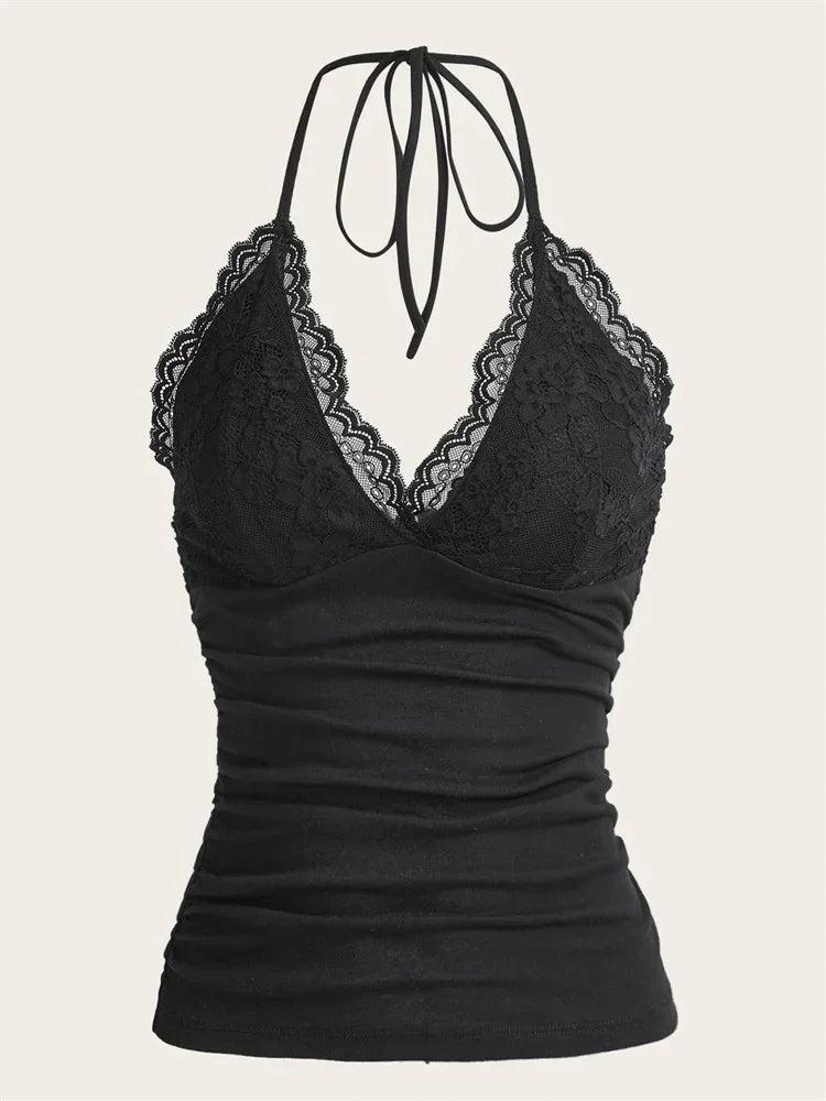 Black Lace Patchwork Halter Top Women Summer Solid Ruched Backless Sleeveless Tank Top Streetwear Y2K Clothes