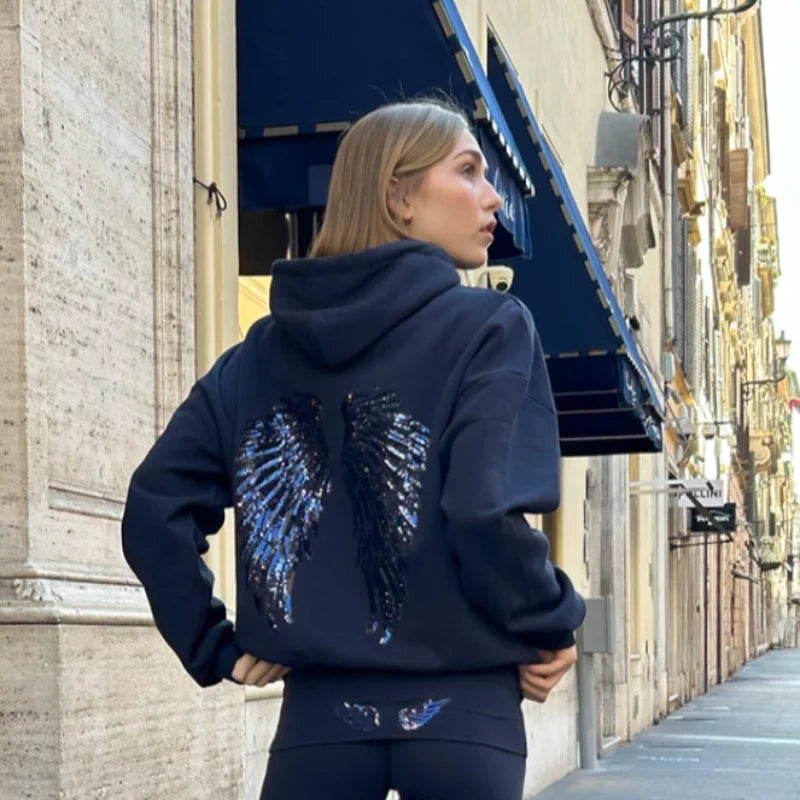 2026 Casual Lady Sweatshirt Set Sequins Angel's Wings Hoodies Women Y2k Chic Loose Long Sleeve Pullovers Top Slim Yoga Pant Set