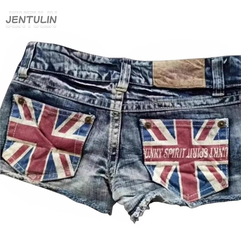 Y2K Flag Graphic Print Fashion British Style Mini Shorts Harajuku Pocket Denim Shorts Women Goth Slim Sexy Low Rise Short Pants