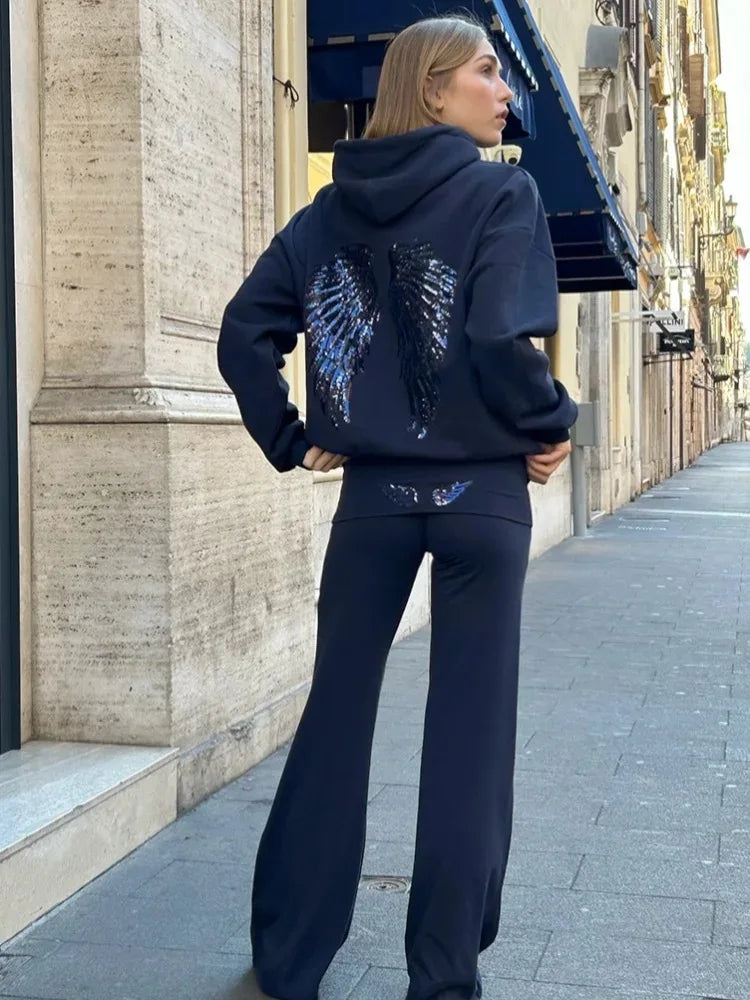 2026 Casual Lady Sweatshirt Set Sequins Angel's Wings Hoodies Women Y2k Chic Loose Long Sleeve Pullovers Top Slim Yoga Pant Set