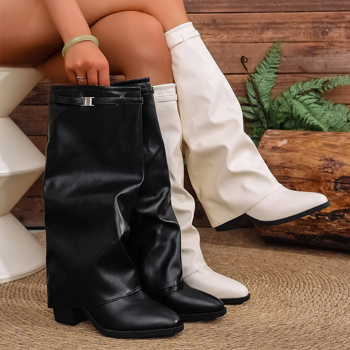 Women's Fashion Folding Knee-high Boots Winter Solid Color Non-slip Thick-soled Wide-leg PU Leather Fashion Boots Botas Mujer