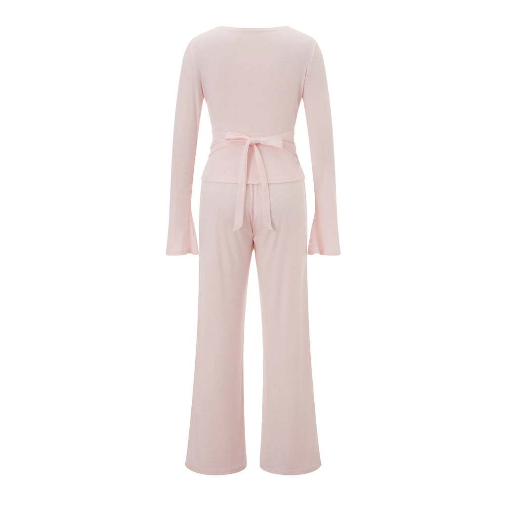 Women Yoga 2 Piece Set Tie Wrap Crop Top + Wide Leg Pants Lounge Workout Outfits