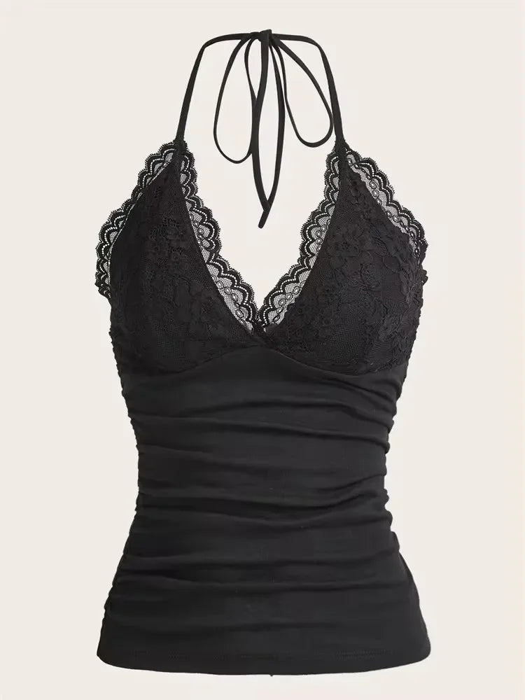 Black Lace Patchwork Halter Top Women Summer Solid Ruched Backless Sleeveless Tank Top Streetwear Y2K Clothes