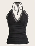 Black Lace Patchwork Halter Top Women Summer Solid Ruched Backless Sleeveless Tank Top Streetwear Y2K Clothes