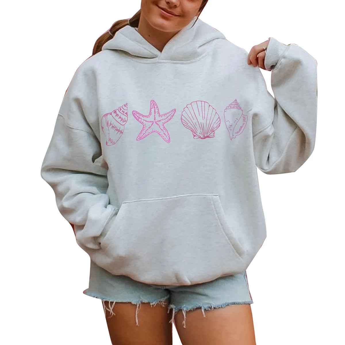 Loose Fit Hooded Sweatshirts Aesthetic Sea Shell Embroidery Pullover Tops with Kangaroo Pockets