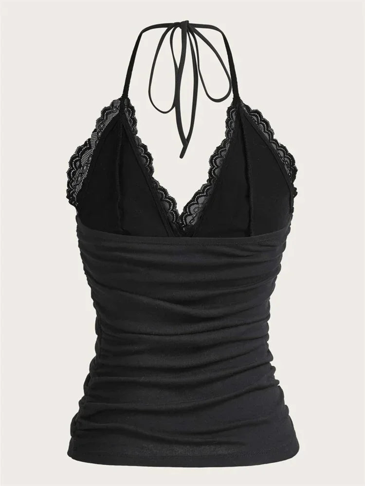 Black Lace Patchwork Halter Top Women Summer Solid Ruched Backless Sleeveless Tank Top Streetwear Y2K Clothes