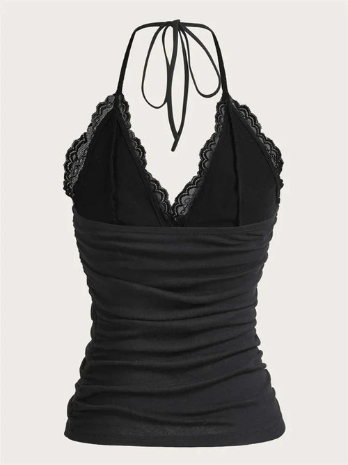 Black Lace Patchwork Halter Top Women Summer Solid Ruched Backless Sleeveless Tank Top Streetwear Y2K Clothes