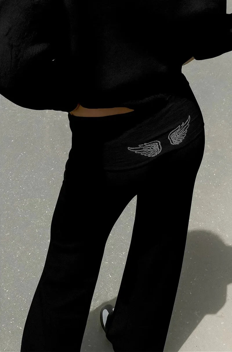 2026 Casual Lady Sweatshirt Set Sequins Angel's Wings Hoodies Women Y2k Chic Loose Long Sleeve Pullovers Top Slim Yoga Pant Set