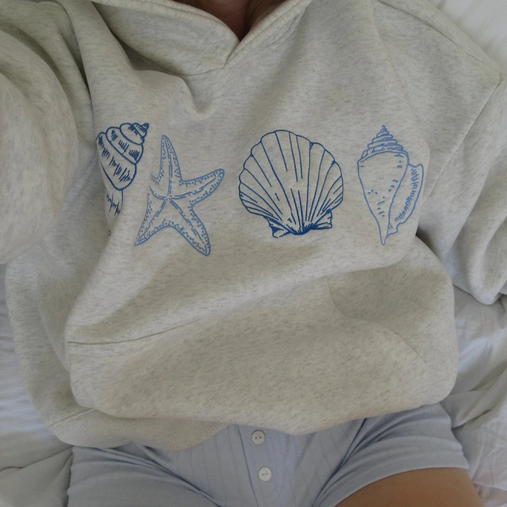 Loose Fit Hooded Sweatshirts Aesthetic Sea Shell Embroidery Pullover Tops with Kangaroo Pockets