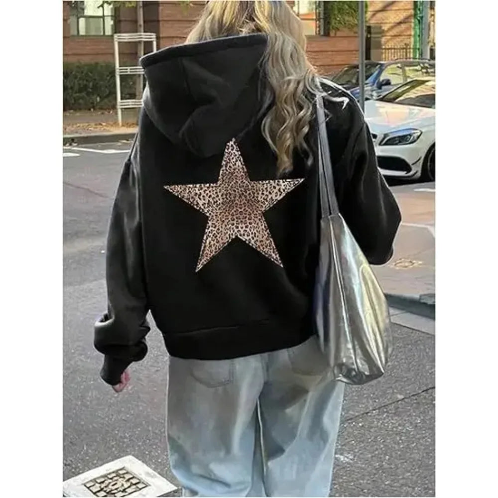 Star Graphic Hoodies Leopard Print