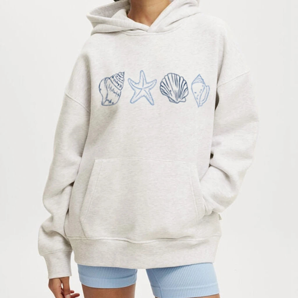 Loose Fit Hooded Sweatshirts Aesthetic Sea Shell Embroidery Pullover Tops with Kangaroo Pockets