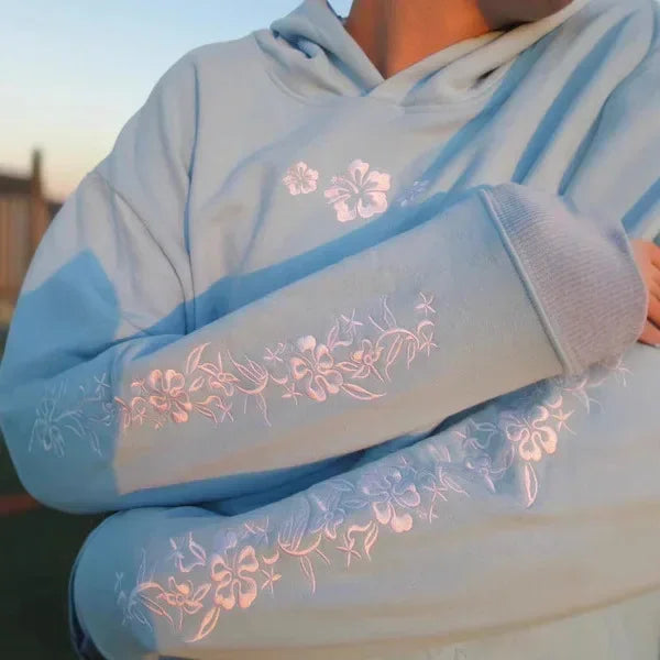 Casual and Loose Hoodie with Floral Embroidery and A Hood