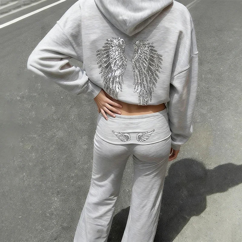 2026 Casual Lady Sweatshirt Set Sequins Angel's Wings Hoodies Women Y2k Chic Loose Long Sleeve Pullovers Top Slim Yoga Pant Set