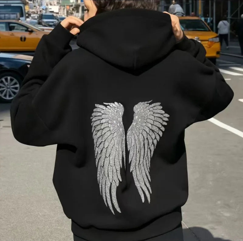 2026 Casual Lady Sweatshirt Set Sequins Angel's Wings Hoodies Women Y2k Chic Loose Long Sleeve Pullovers Top Slim Yoga Pant Set