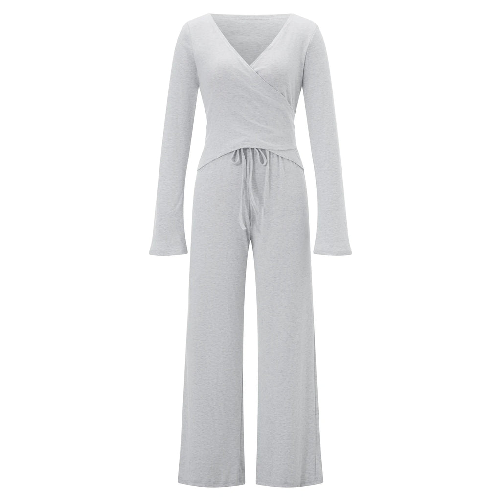 Women Yoga 2 Piece Set Tie Wrap Crop Top + Wide Leg Pants Lounge Workout Outfits