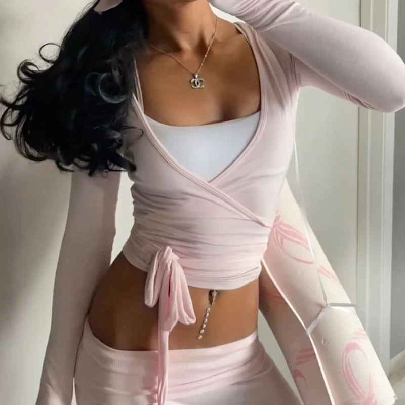 Women Yoga 2 Piece Set Tie Wrap Crop Top + Wide Leg Pants Lounge Workout Outfits