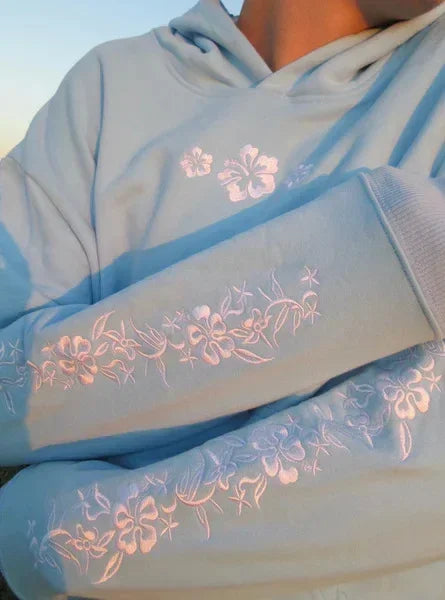 Casual and Loose Hoodie with Floral Embroidery and A Hood