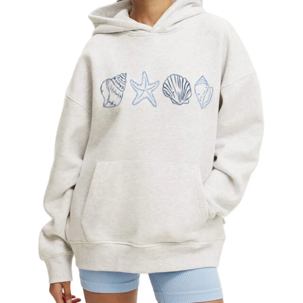 Loose Fit Hooded Sweatshirts Aesthetic Sea Shell Embroidery Pullover Tops with Kangaroo Pockets