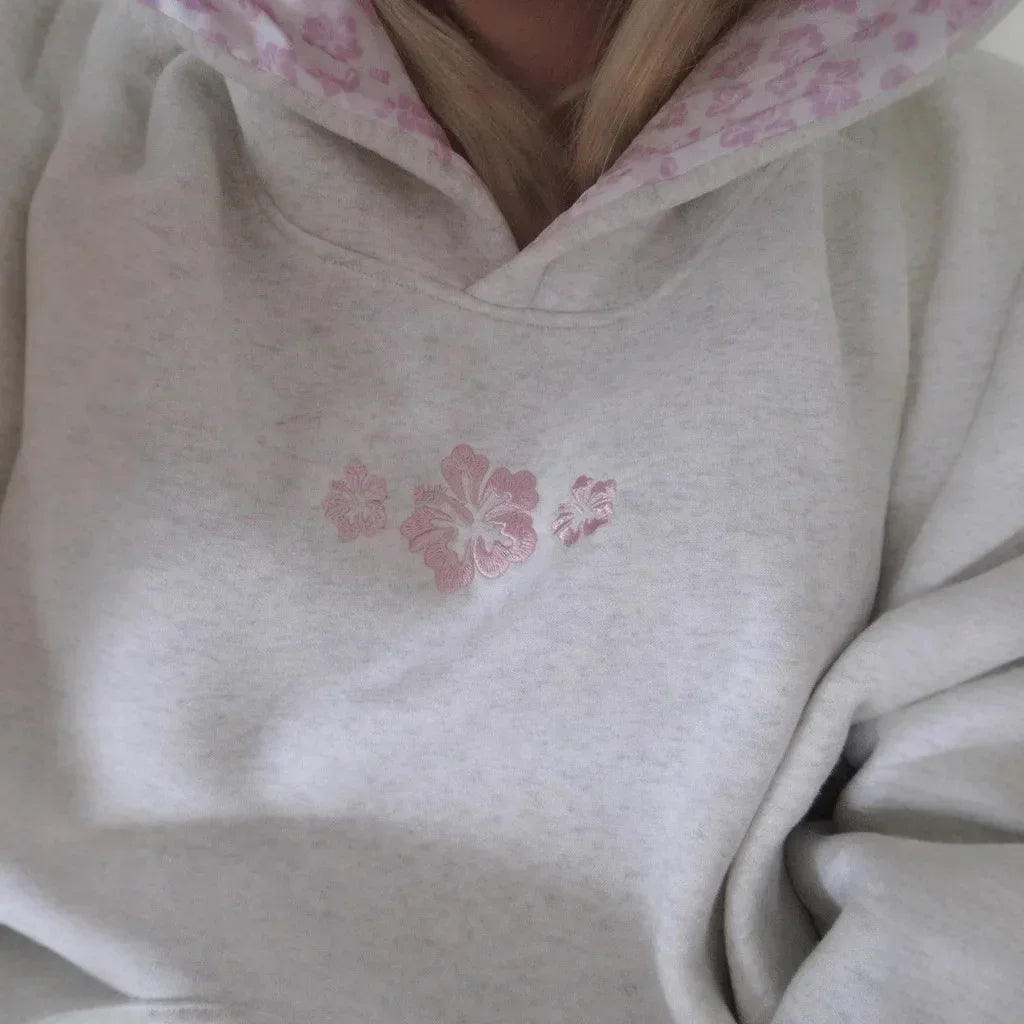 Casual and Loose Hoodie with Floral Embroidery and A Hood