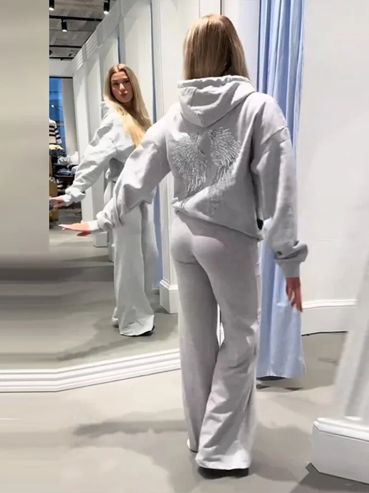 2026 Casual Lady Sweatshirt Set Sequins Angel's Wings Hoodies Women Y2k Chic Loose Long Sleeve Pullovers Top Slim Yoga Pant Set