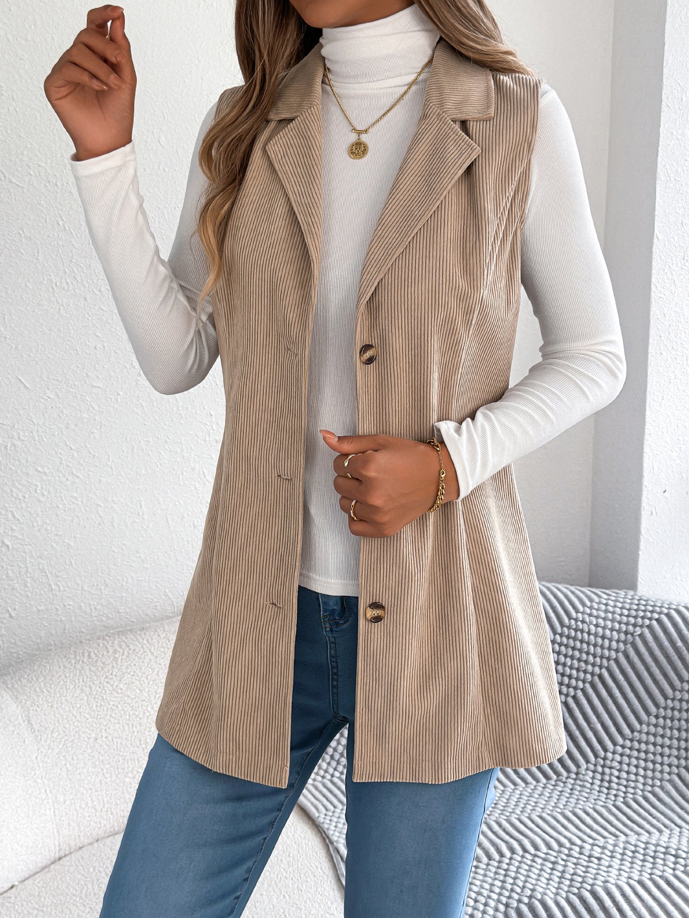 Women's Casual Blazer Lapel Corduroy Vest Jacket